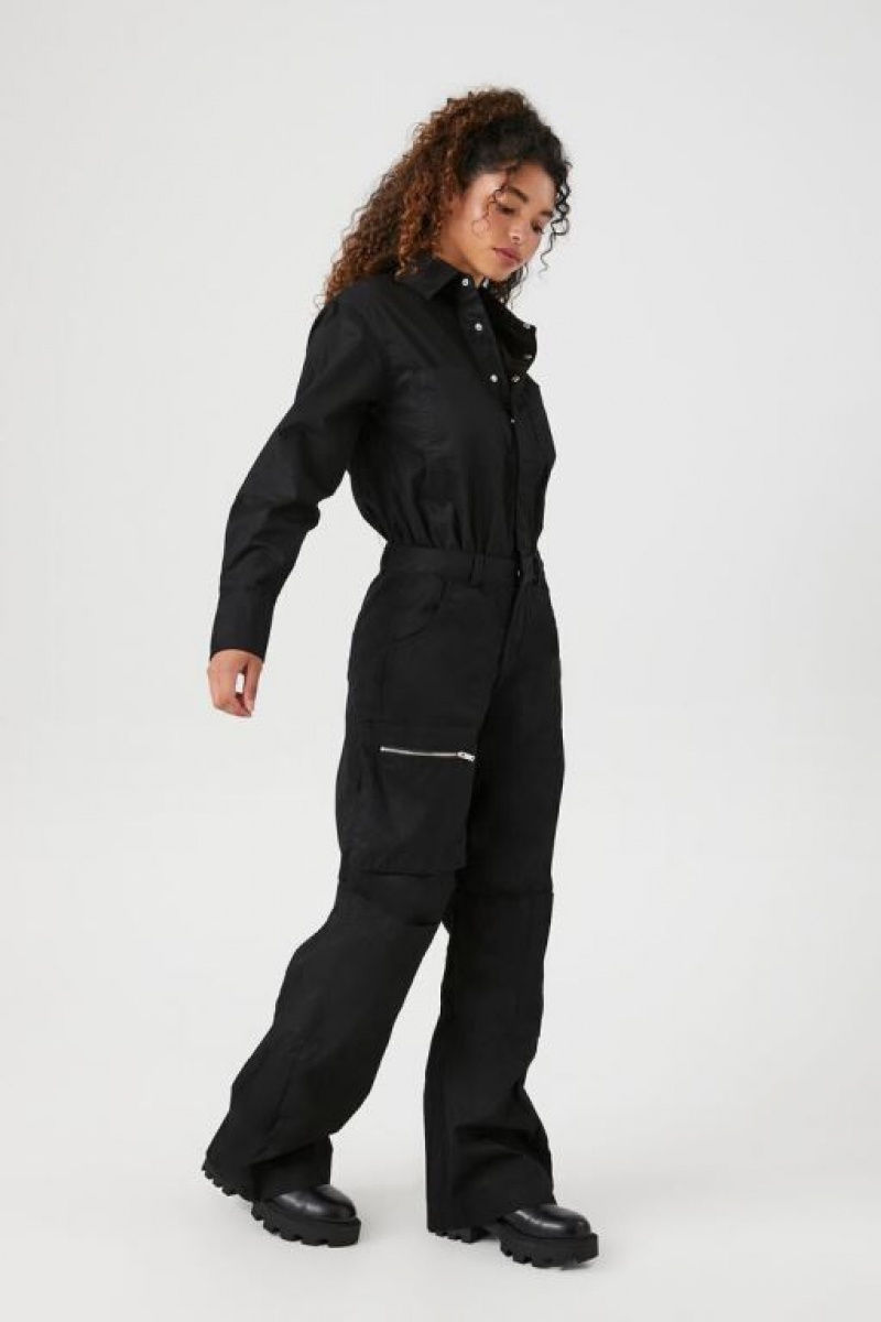 Jumpsuits Forever 21 Twill Long Sleeve Cargo Coveralls Mujer Negras | vHLslJEOuKa