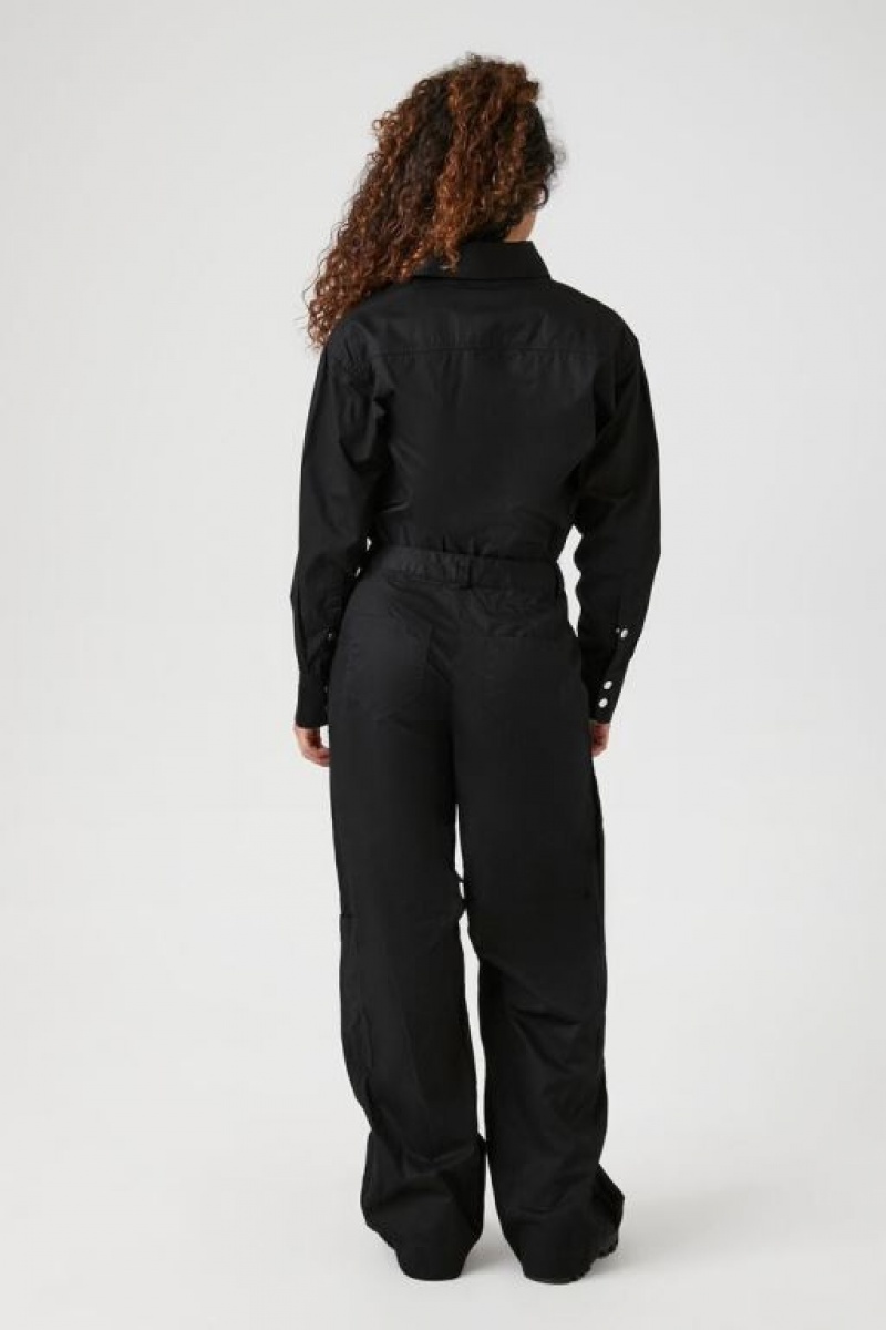 Jumpsuits Forever 21 Twill Long Sleeve Cargo Coveralls Mujer Negras | vHLslJEOuKa