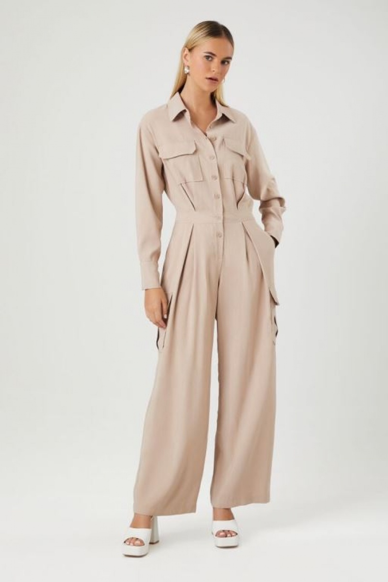 Jumpsuits Forever 21 Wide Leg Cargo Jumpsuit Mujer Kaki | CE5sGX3BsF6