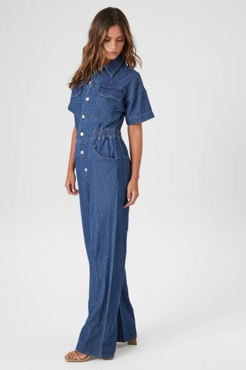 Jumpsuits Forever 21 Wide Leg Denim Jumpsuit Mujer Azules | ea8ki9wWVjD