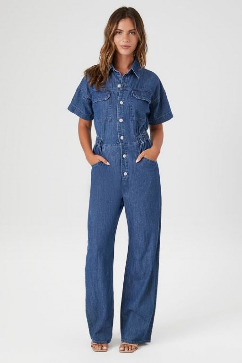 Jumpsuits Forever 21 Wide Leg Denim Jumpsuit Mujer Azules | ea8ki9wWVjD