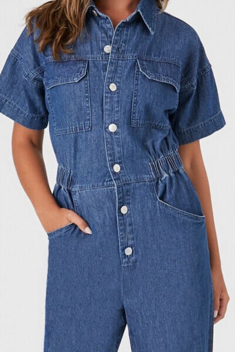 Jumpsuits Forever 21 Wide Leg Denim Jumpsuit Mujer Azules | ea8ki9wWVjD