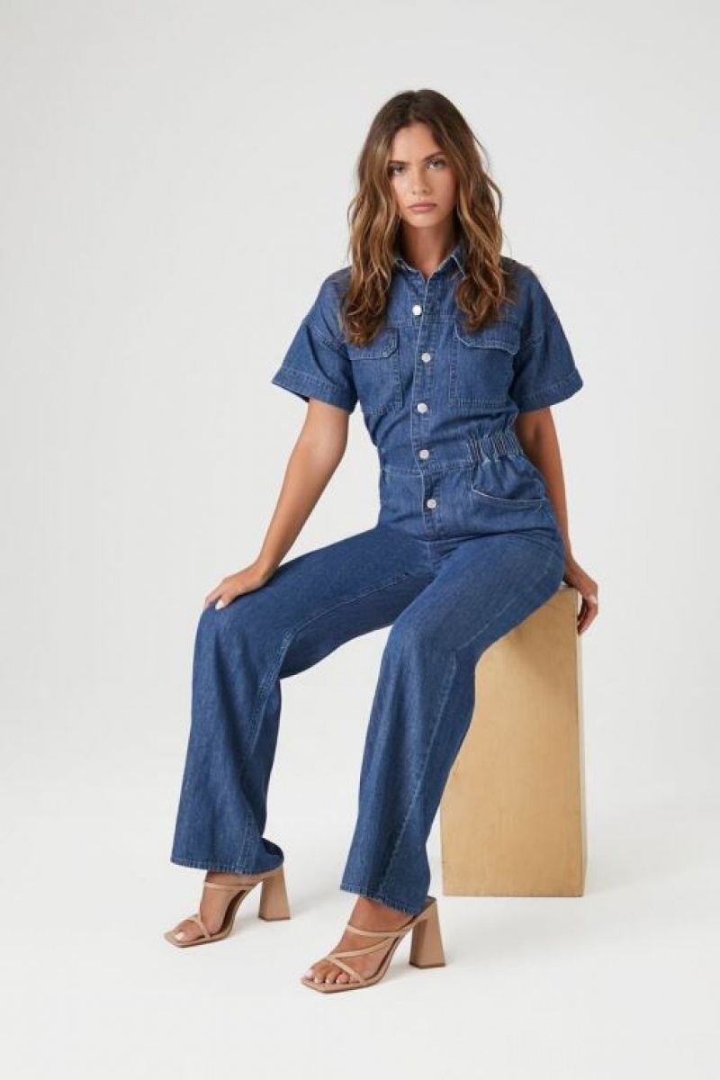 Jumpsuits Forever 21 Wide Leg Denim Jumpsuit Mujer Azules | ea8ki9wWVjD