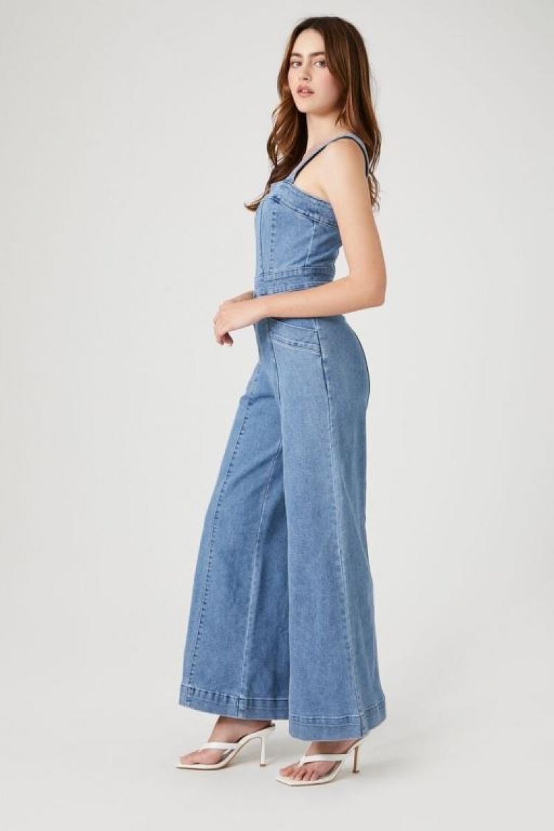 Jumpsuits Forever 21 Wide Leg Denim Overalls Mujer Azules | UzN9hgbaLZv