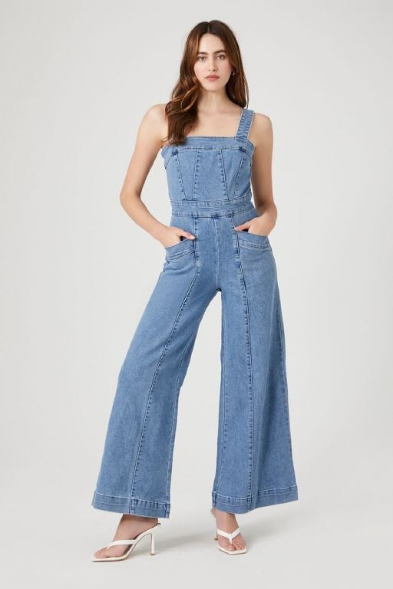 Jumpsuits Forever 21 Wide Leg Denim Overalls Mujer Azules | UzN9hgbaLZv