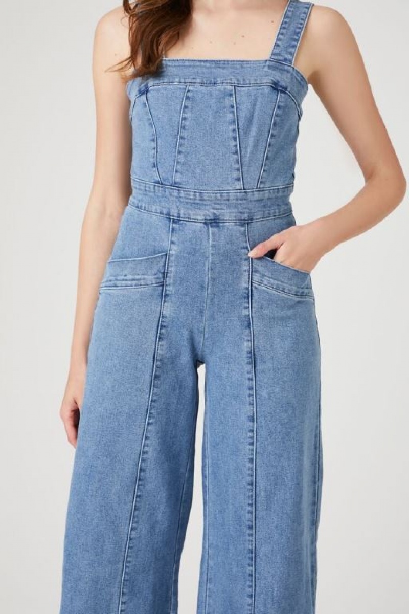 Jumpsuits Forever 21 Wide Leg Denim Overalls Mujer Azules | UzN9hgbaLZv