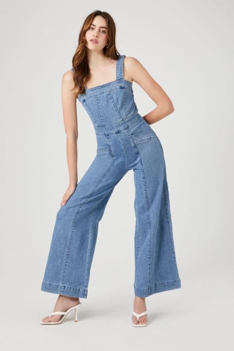 Jumpsuits Forever 21 Wide Leg Denim Overalls Mujer Azules | UzN9hgbaLZv