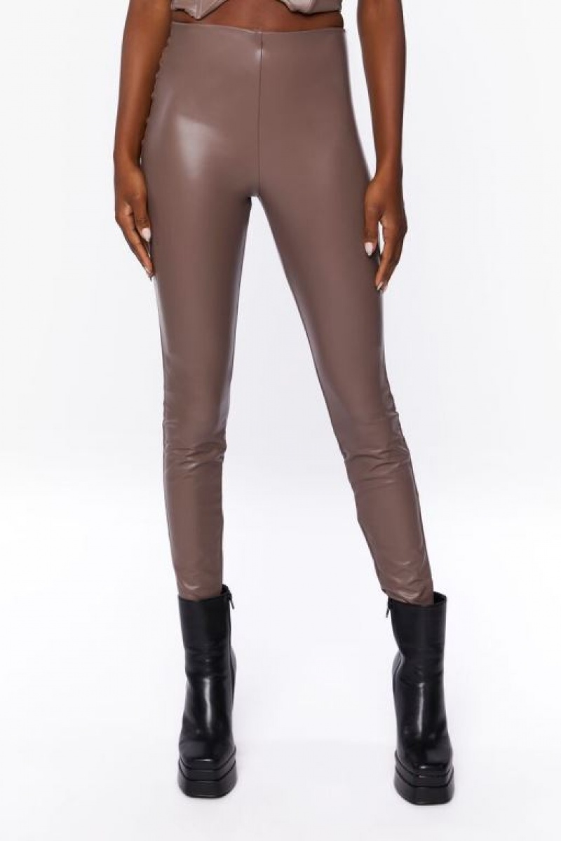 Leggins Forever 21 Faux Cuero High Rise Mujer Shiitake | 68DrO8vnH7Z