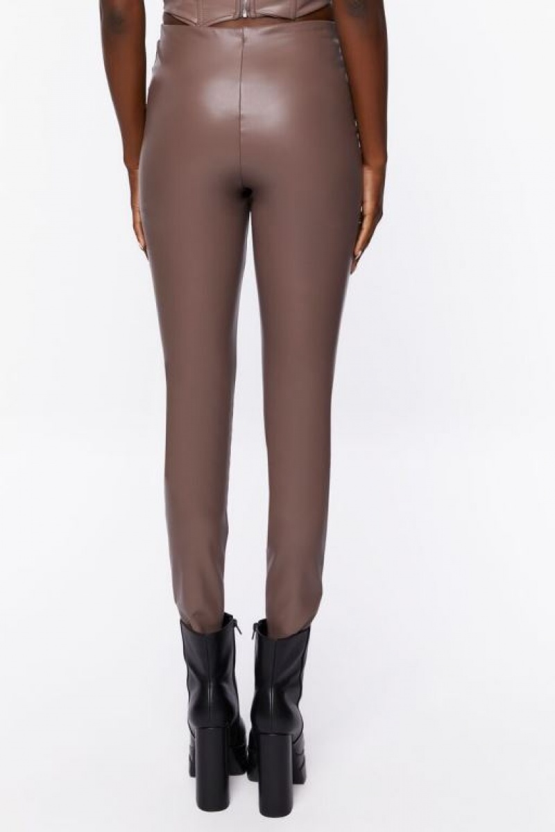 Leggins Forever 21 Faux Cuero High Rise Mujer Shiitake | 68DrO8vnH7Z