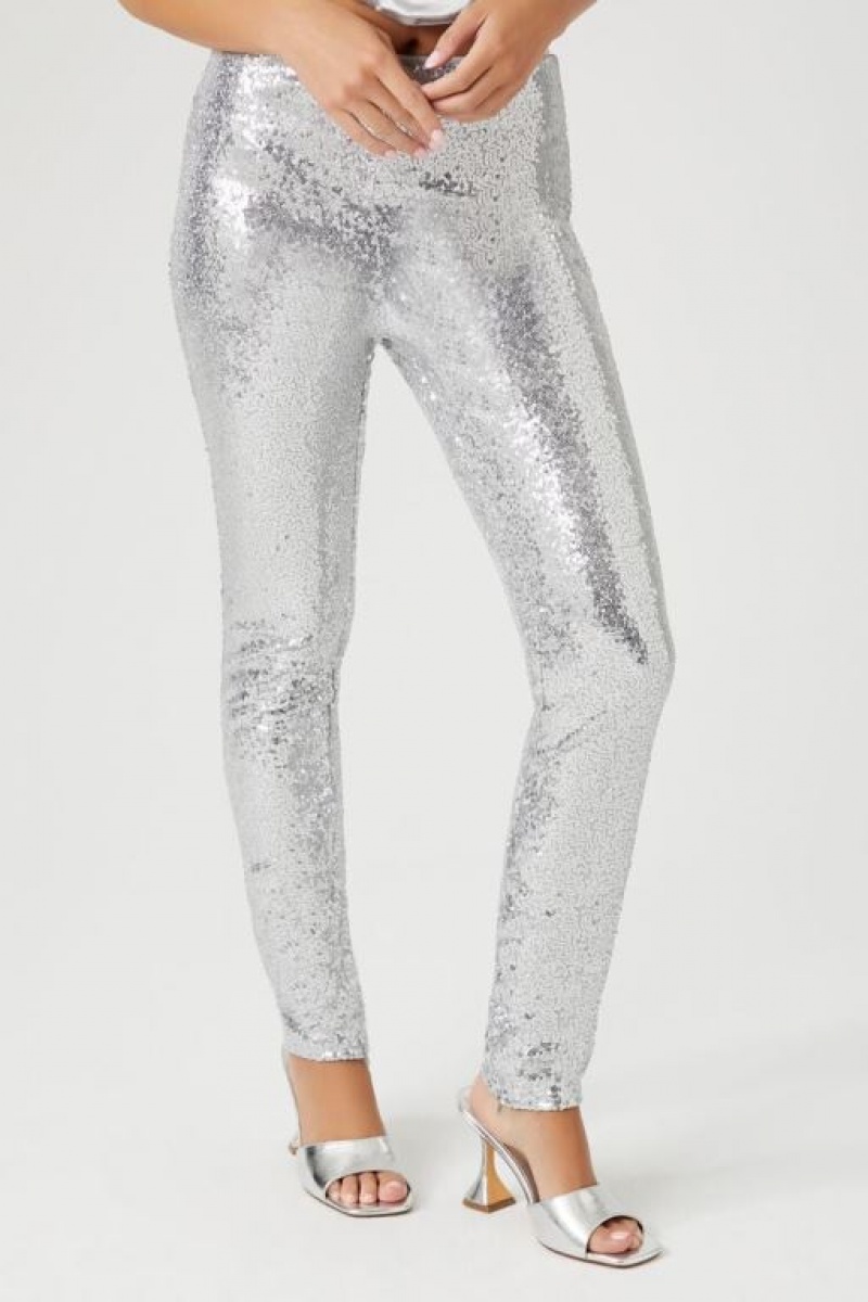 Leggins Forever 21 High Rise Sequin Mujer Plateadas | DY8sAqviiPD