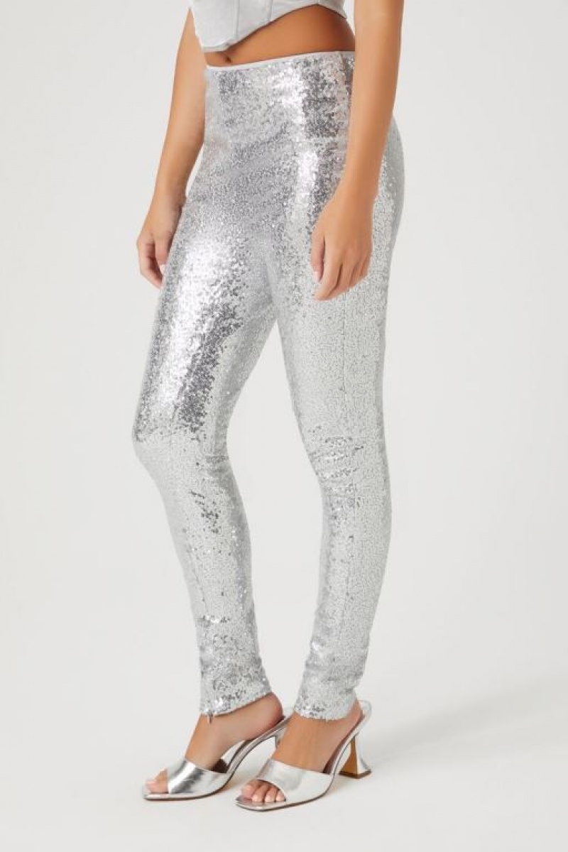 Leggins Forever 21 High Rise Sequin Mujer Plateadas | DY8sAqviiPD