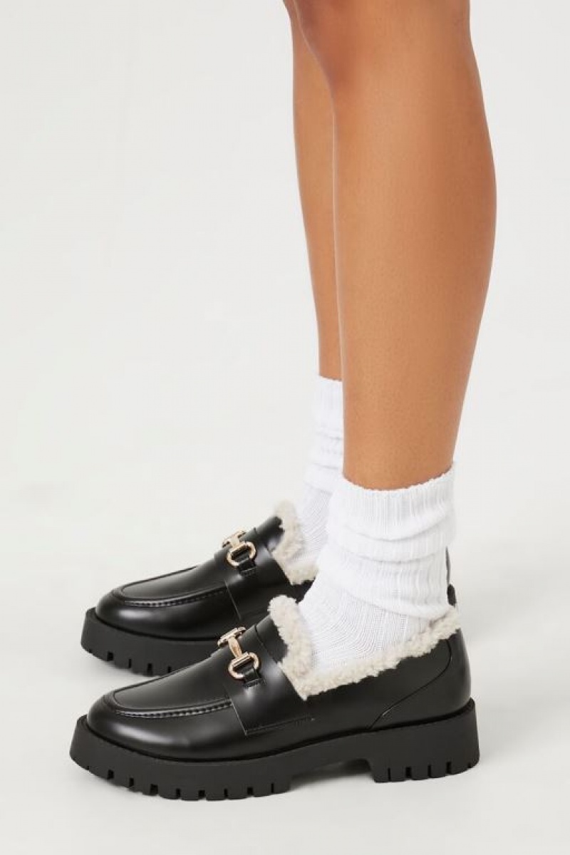 Mocasines Forever 21 Faux Shearling Trim Mujer Negras | xlXHa57k2mG