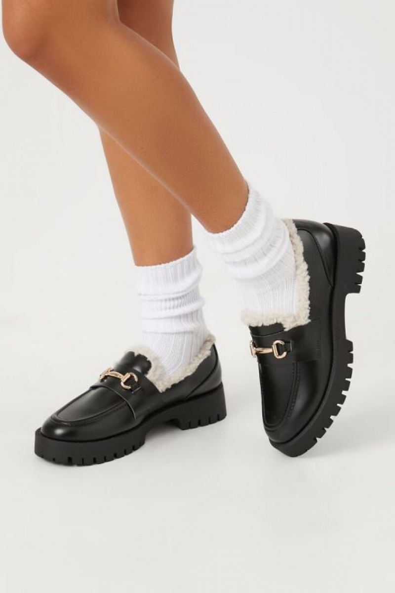 Mocasines Forever 21 Faux Shearling Trim Mujer Negras | xlXHa57k2mG