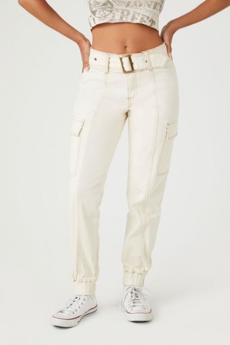 Pantalon Forever 21 Belted Twill Cargo Joggers Mujer Creme | tyutIaiHLu7