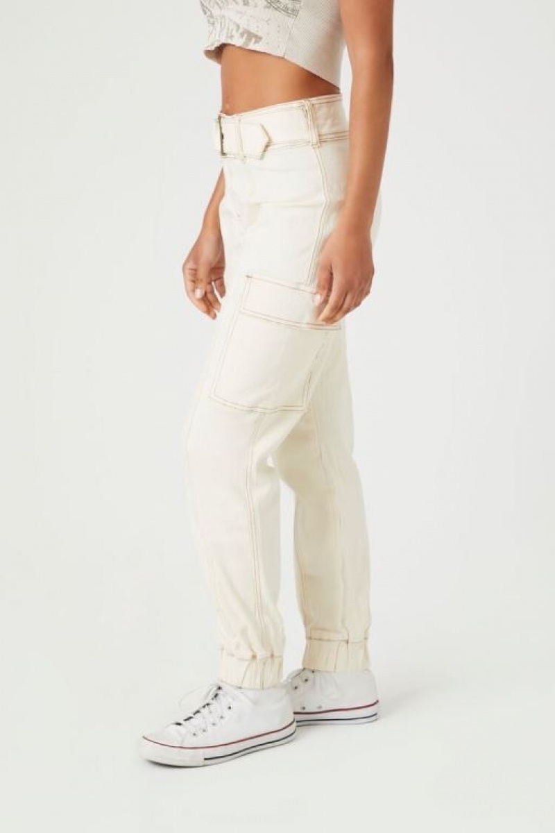 Pantalon Forever 21 Belted Twill Cargo Joggers Mujer Creme | tyutIaiHLu7