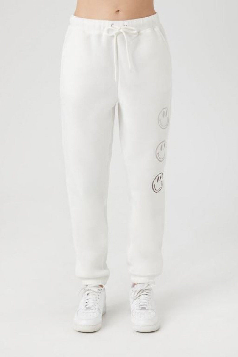 Pantalon Forever 21 Embroidered Fleece Joggers Mujer Blancas | 7QCGWW31HNP