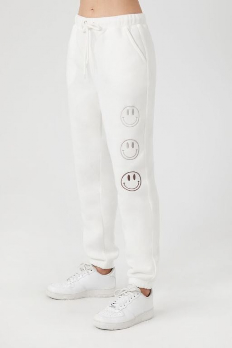 Pantalon Forever 21 Embroidered Fleece Joggers Mujer Blancas | 7QCGWW31HNP