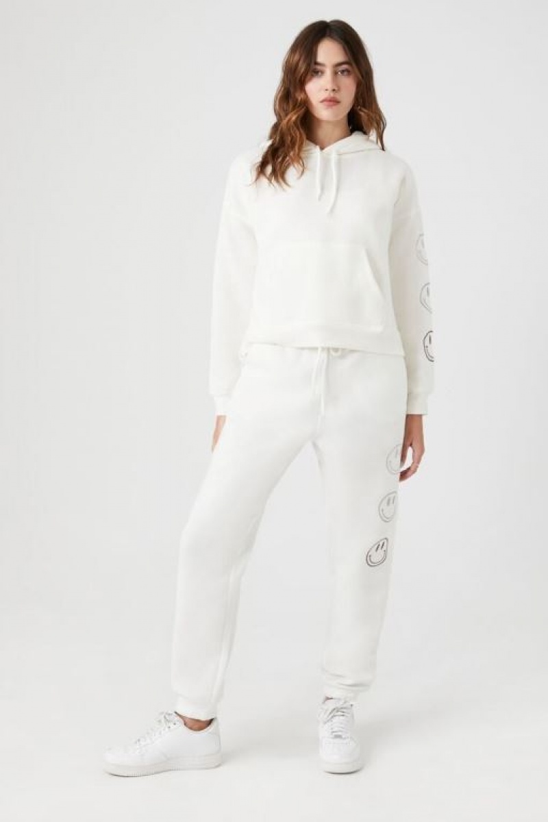 Pantalon Forever 21 Embroidered Fleece Joggers Mujer Blancas | 7QCGWW31HNP