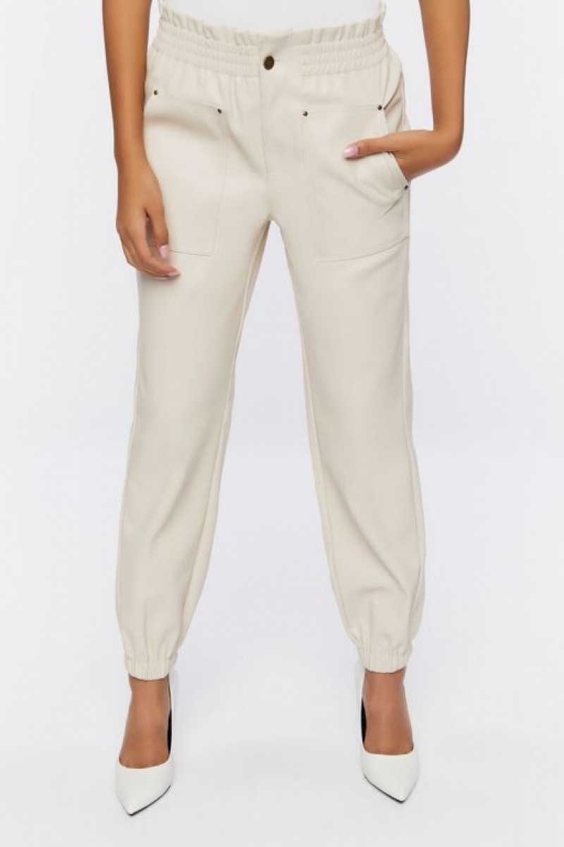 Pantalon Forever 21 Faux Cuero Mid Rise Joggers Mujer Beige | K0sx3a8X7wc