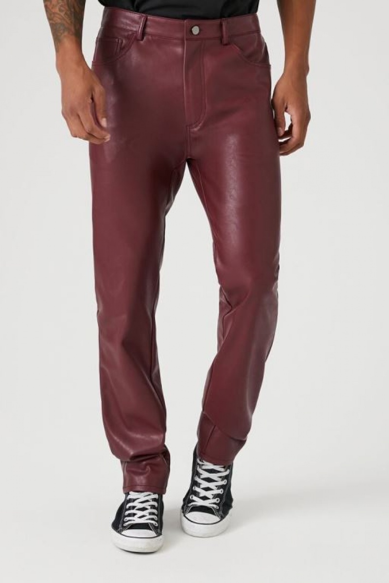 Pantalon Forever 21 Faux Cuero Slim Fit Hombre Burdeos | 0iaaMNlfHXT