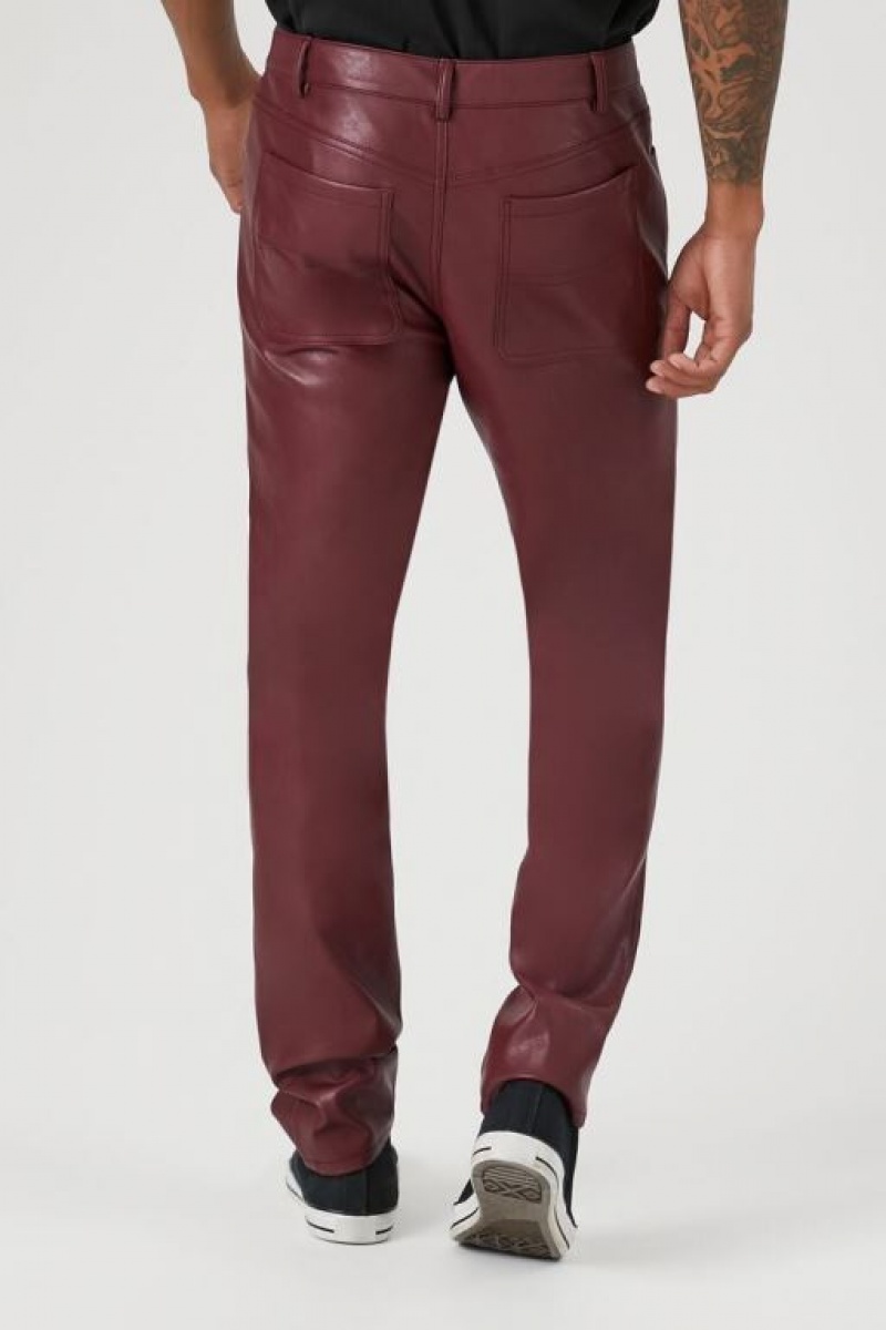 Pantalon Forever 21 Faux Cuero Slim Fit Hombre Burdeos | 0iaaMNlfHXT