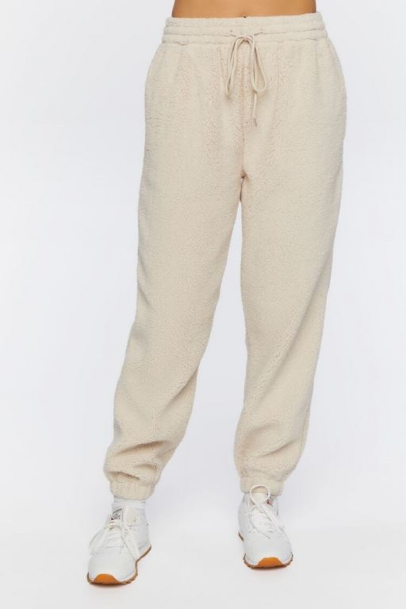 Pantalon Forever 21 Faux Shearling Drawstring Joggers Mujer Creme | DMruByLVVgO