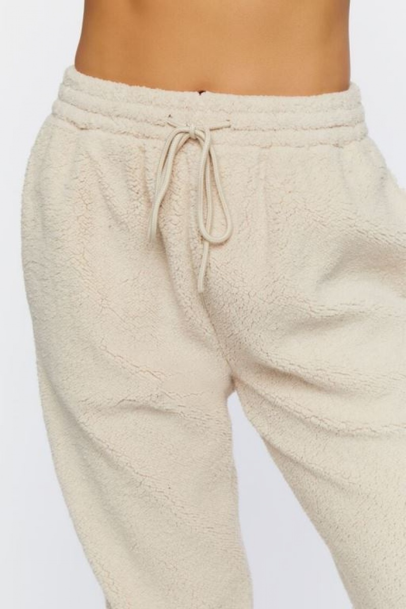 Pantalon Forever 21 Faux Shearling Drawstring Joggers Mujer Creme | DMruByLVVgO