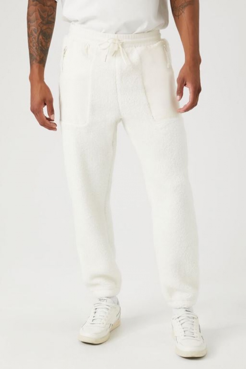 Pantalon Forever 21 Faux Shearling Drawstring Joggers Hombre Creme | FZspZPlnAJN