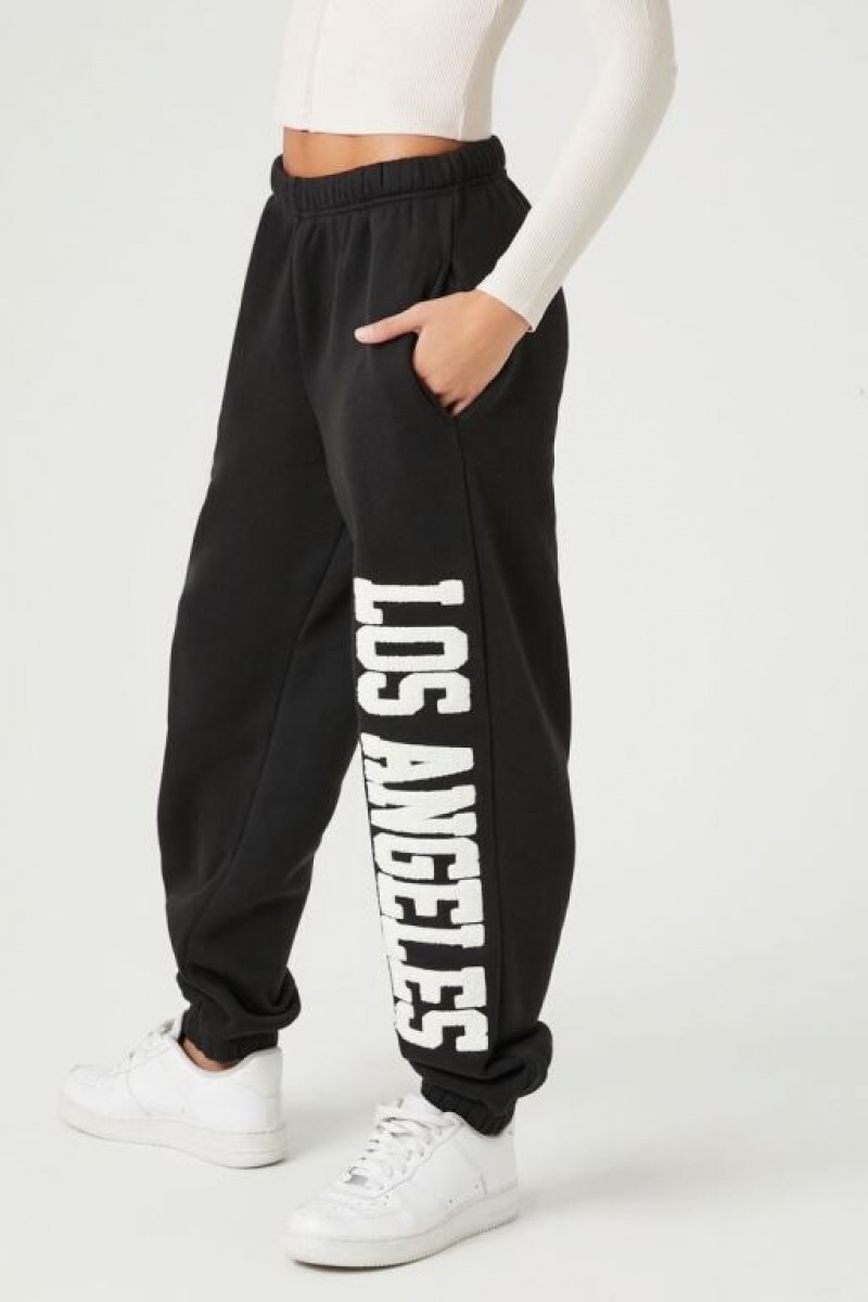 Pantalon Forever 21 Fleece Los Angeles Estampadas Joggers Mujer Negras | ZLD76xNoEeC