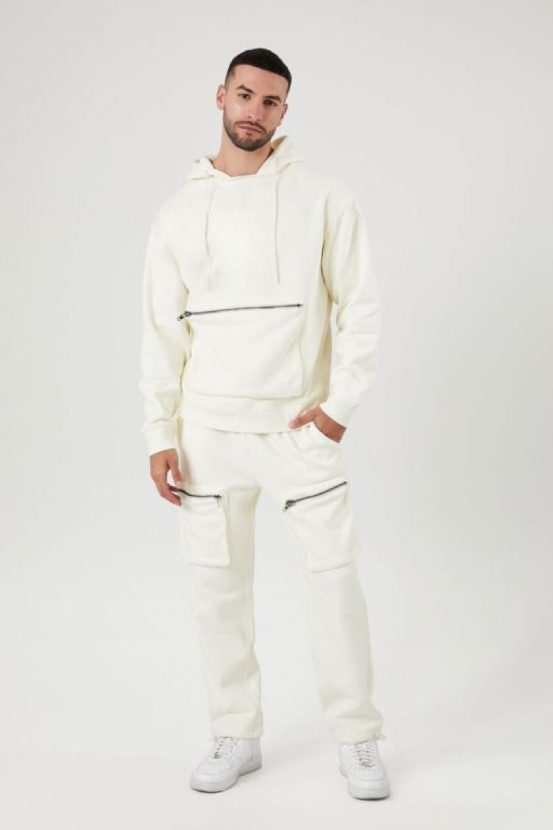 Pantalon Forever 21 Fleece Zip Pocket Cargo Joggers Hombre Creme | n4hfIdYZpHN