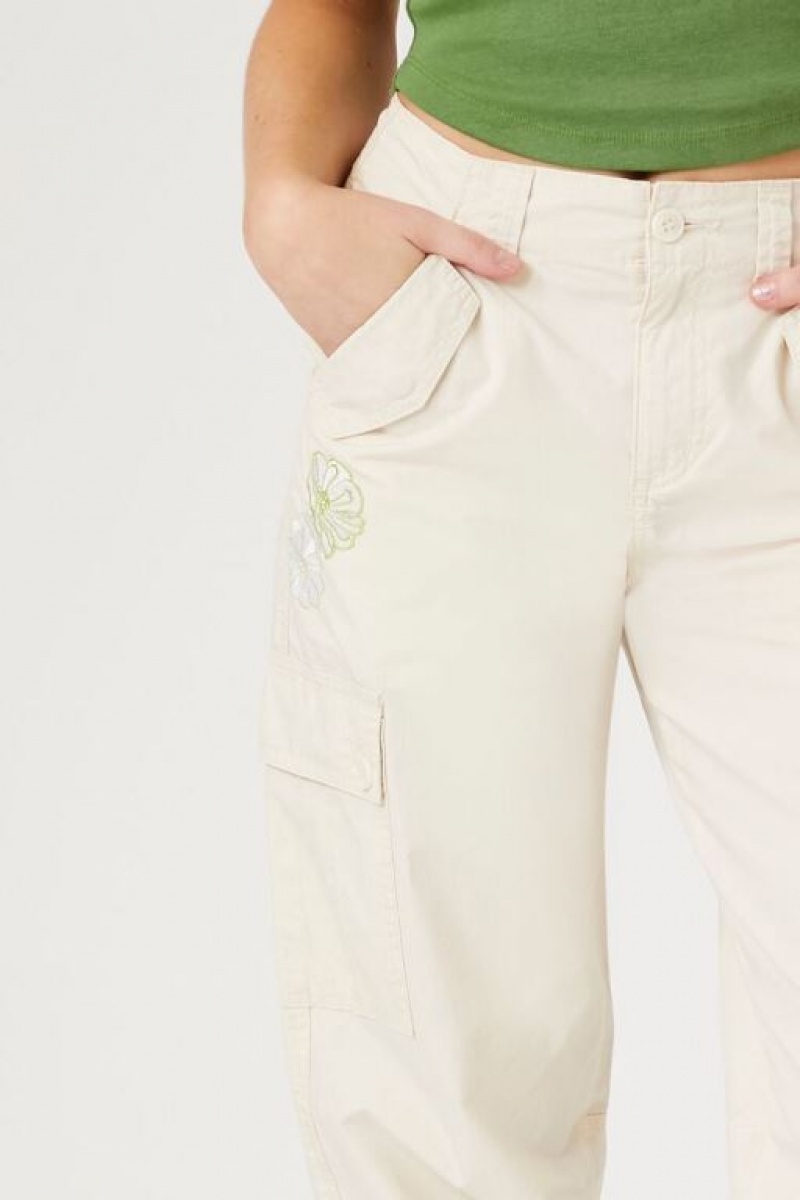 Pantalon Forever 21 Floral Embroidered Cargo Joggers Mujer Amarillo Claro | 40XjYnA0DfG