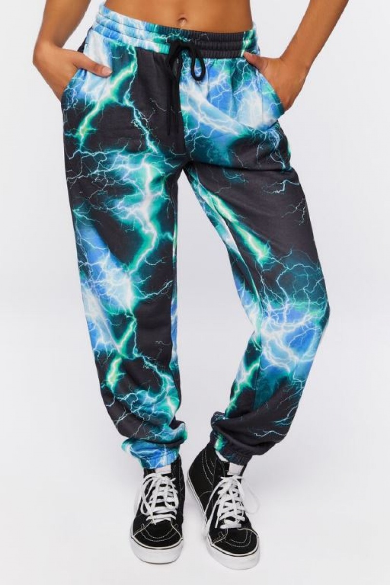 Pantalon Forever 21 Lightning Print Drawstring Joggers Mujer Negras Multicolor | gpYPNwgfuMV