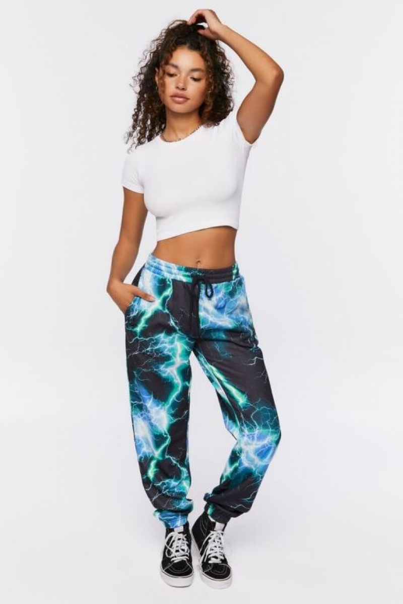 Pantalon Forever 21 Lightning Print Drawstring Joggers Mujer Negras Multicolor | gpYPNwgfuMV