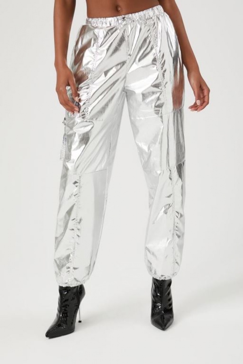 Pantalon Forever 21 Metallic Cargo Joggers Mujer Plateadas | k6JPoojnTxr