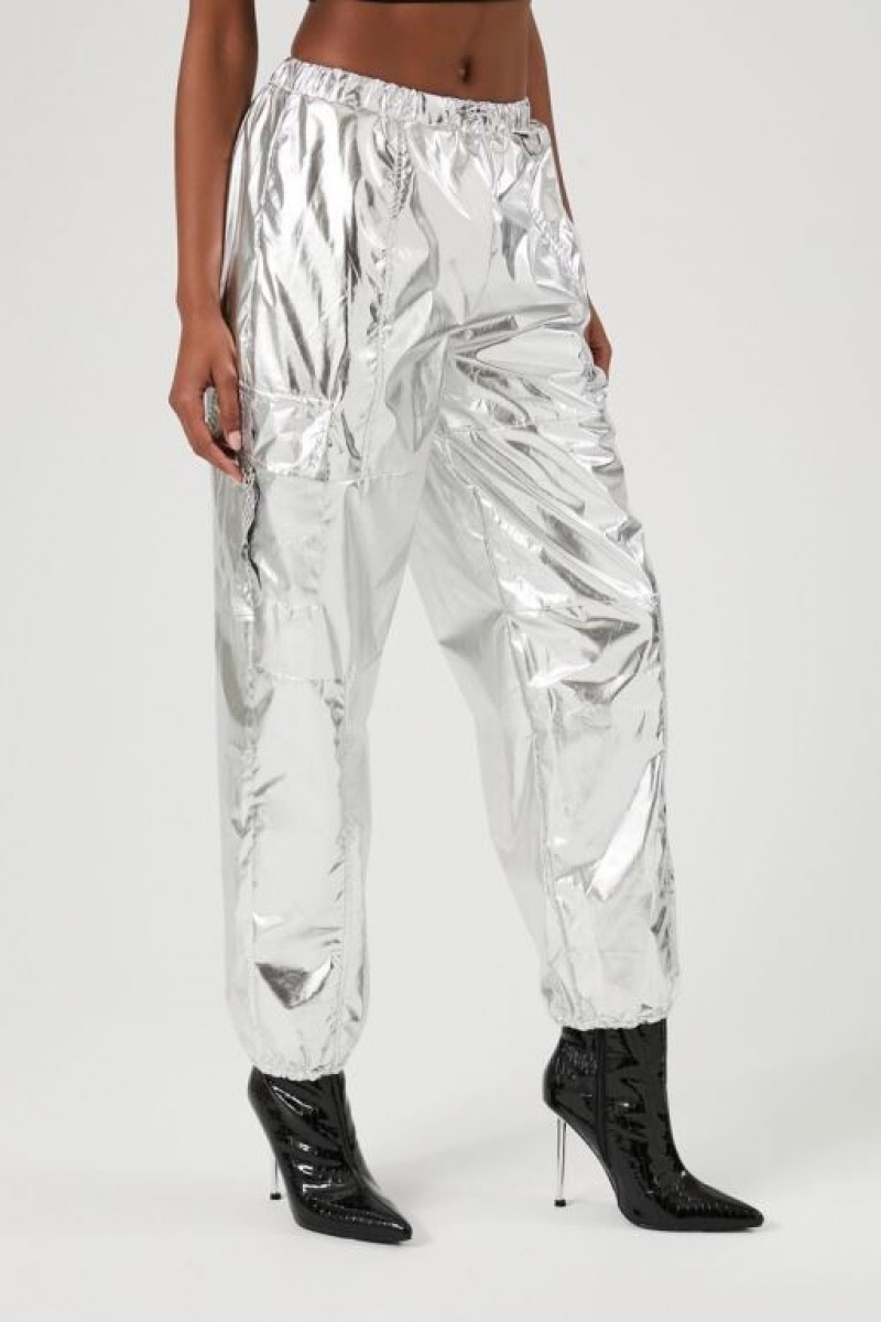 Pantalon Forever 21 Metallic Cargo Joggers Mujer Plateadas | k6JPoojnTxr