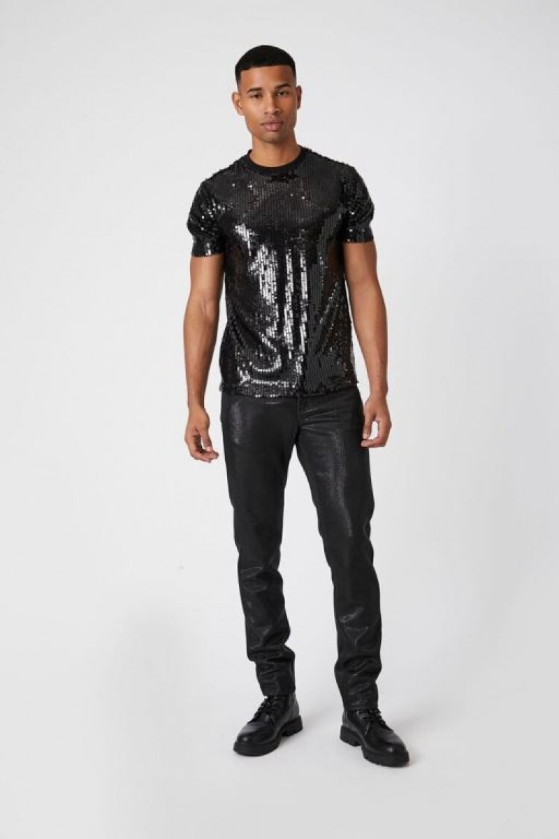 Pantalon Forever 21 Metallic Mid Rise Flaco Hombre Negras | fuGLhs0emU6