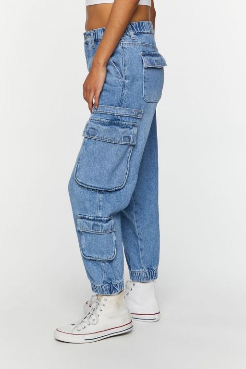 Pantalon Forever 21 Mid Rise Denim Cargo Joggers Mujer Azules | l2aaCSREMCF