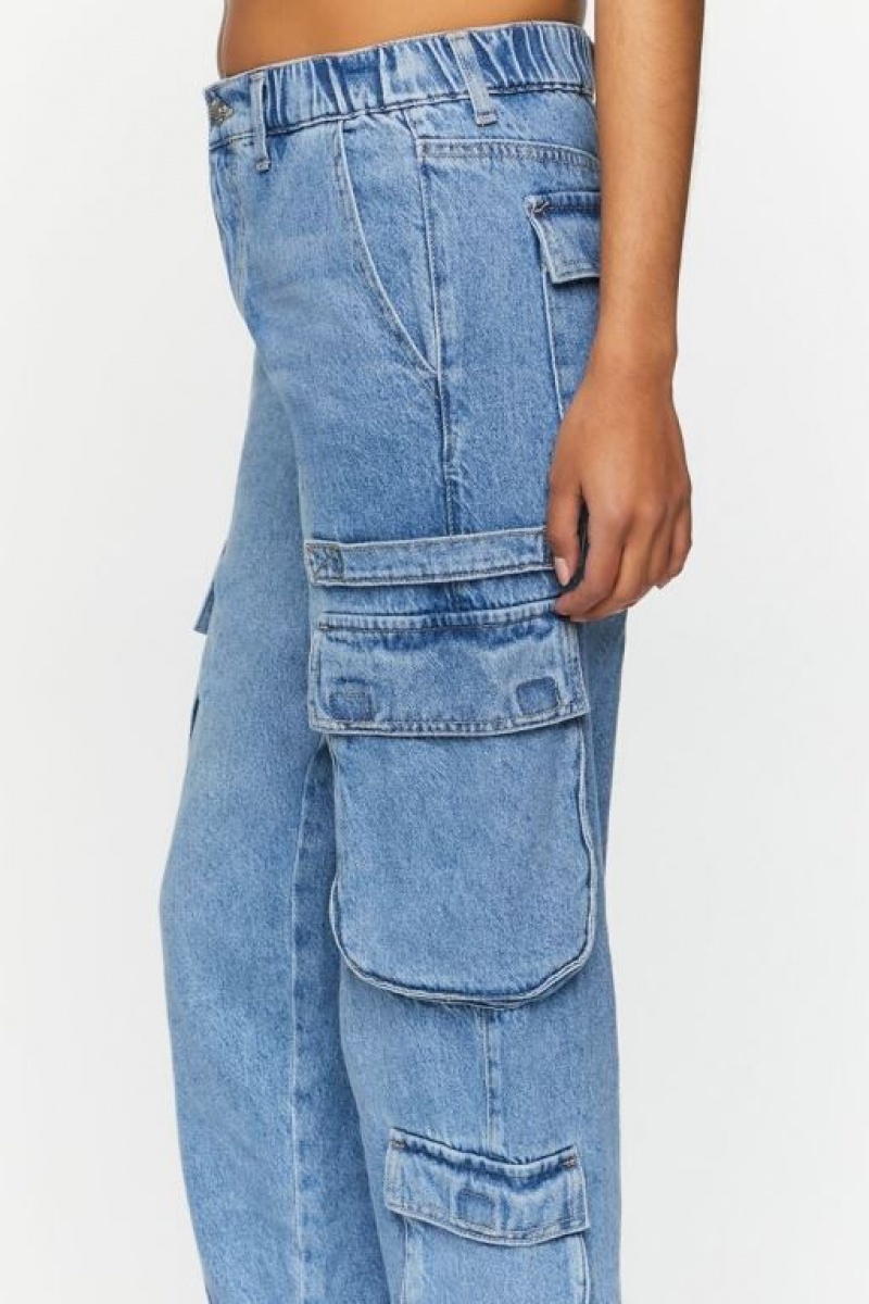 Pantalon Forever 21 Mid Rise Denim Cargo Joggers Mujer Azules | l2aaCSREMCF