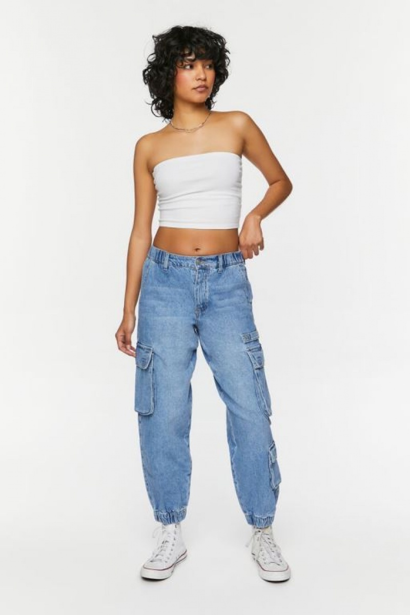 Pantalon Forever 21 Mid Rise Denim Cargo Joggers Mujer Azules | l2aaCSREMCF