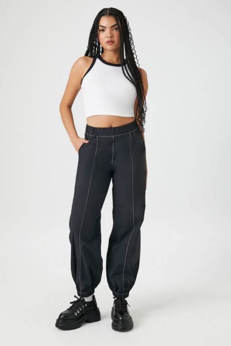 Pantalon Forever 21 Nylon Blend High Rise Joggers Mujer Negras Blancas | Daka0qmkyyK