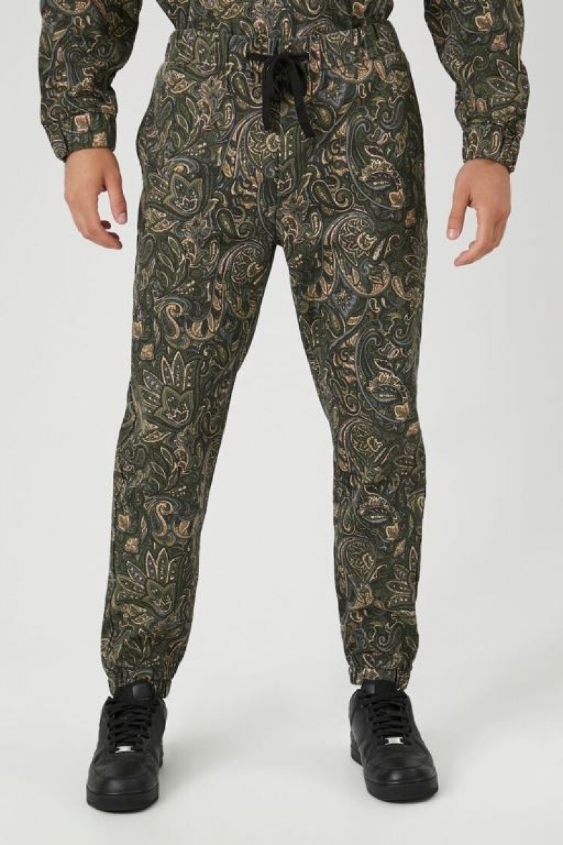 Pantalon Forever 21 Paisley Print Joggers Hombre Verde Oliva Multicolor | IdHM9JYA1sM