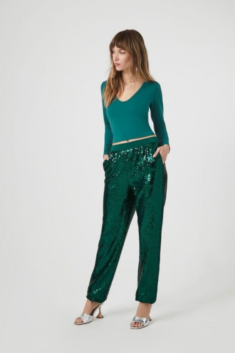 Pantalon Forever 21 Sequin Mid Rise Ankle Joggers Mujer Verde | 97FOi4cnsHh