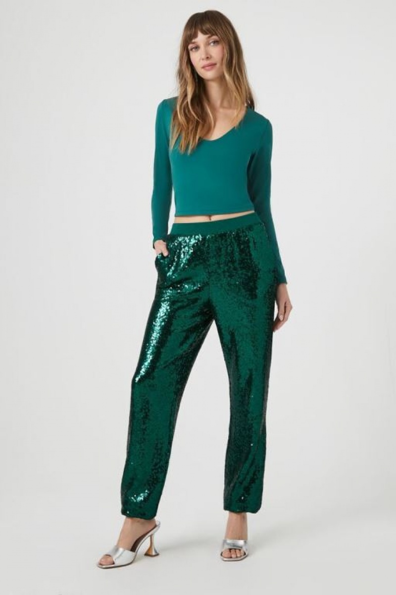 Pantalon Forever 21 Sequin Mid Rise Ankle Joggers Mujer Verde | 97FOi4cnsHh