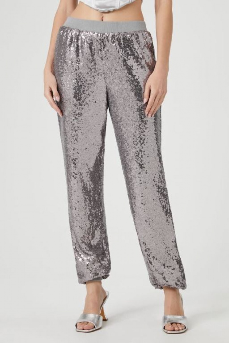 Pantalon Forever 21 Sequin Mid Rise Ankle Joggers Mujer Plateadas | r4UykSaPeFJ