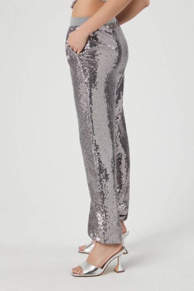 Pantalon Forever 21 Sequin Mid Rise Ankle Joggers Mujer Plateadas | r4UykSaPeFJ