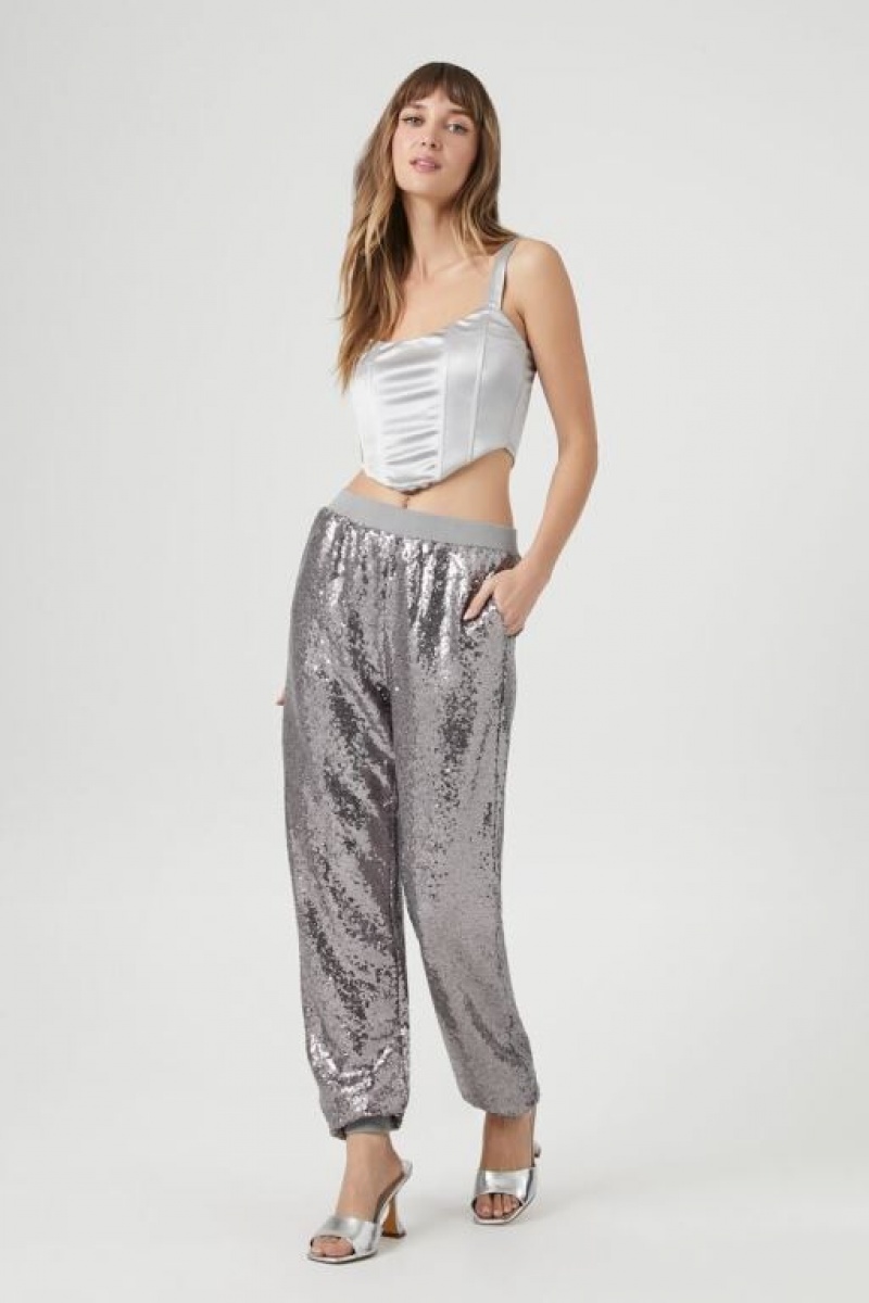 Pantalon Forever 21 Sequin Mid Rise Ankle Joggers Mujer Plateadas | r4UykSaPeFJ