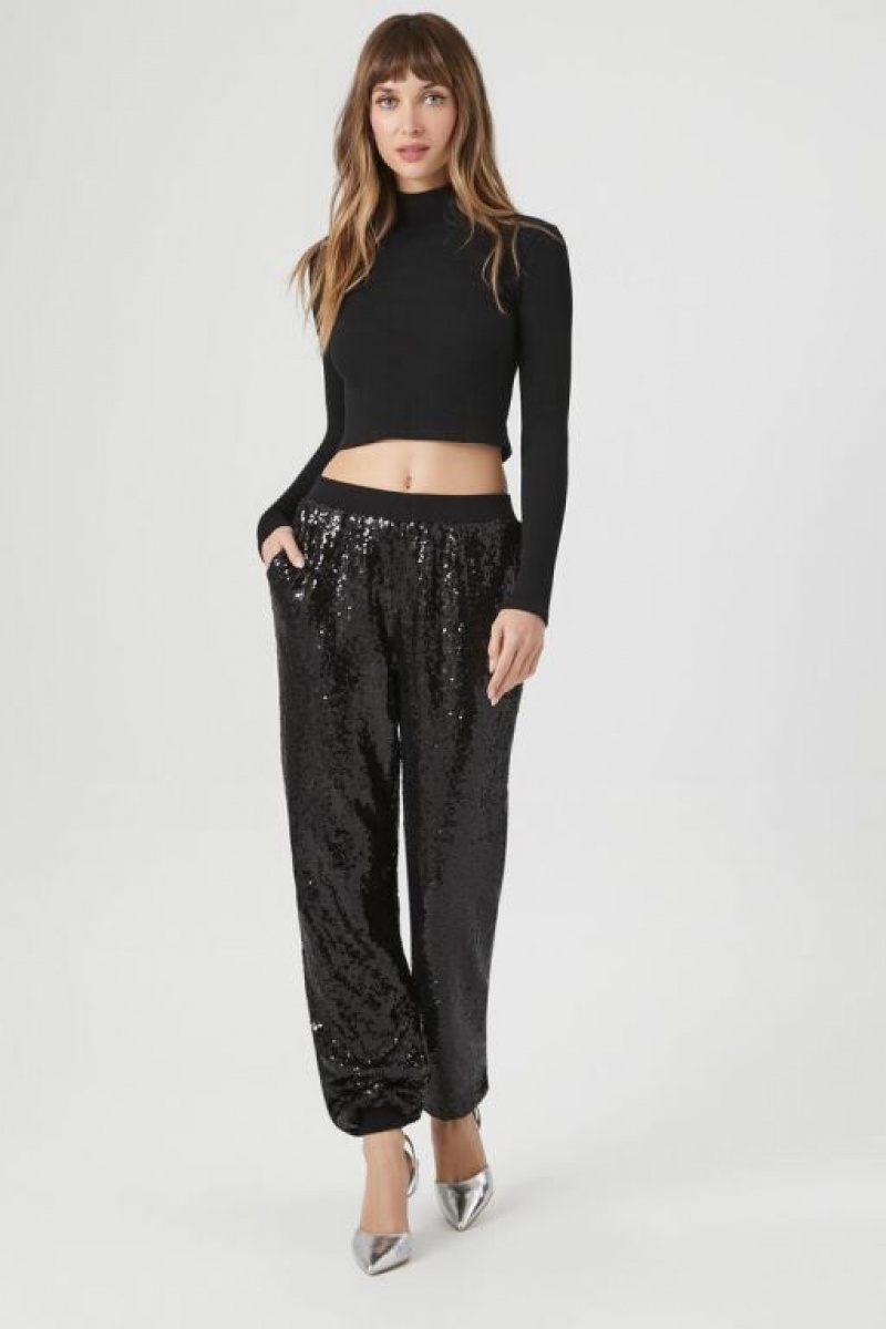 Pantalon Forever 21 Sequin Mid Rise Ankle Joggers Mujer Negras | 8kXCkkBTbwb