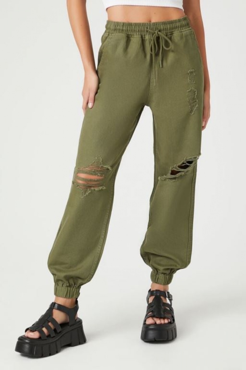 Pantalon Forever 21 Twill Drawstring Joggers Mujer Verde Oliva | 4MStVeetsM1