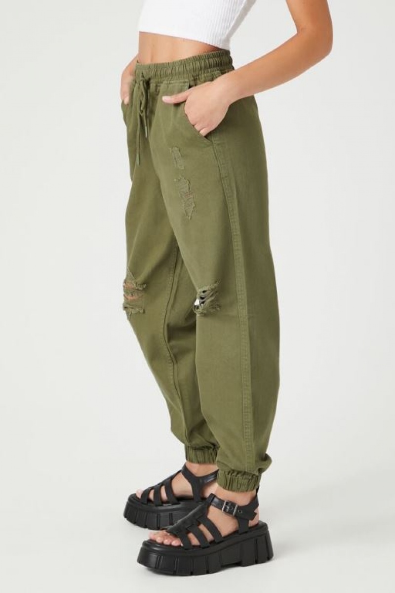 Pantalon Forever 21 Twill Drawstring Joggers Mujer Verde Oliva | 4MStVeetsM1