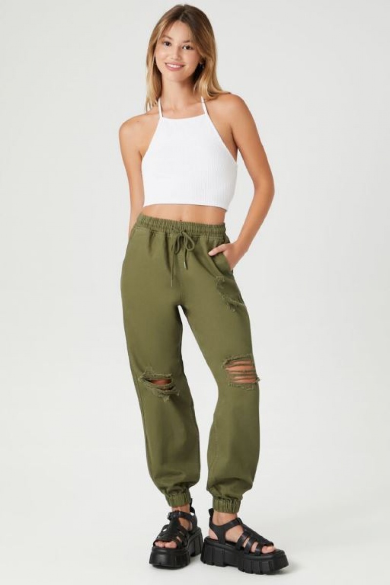 Pantalon Forever 21 Twill Drawstring Joggers Mujer Verde Oliva | 4MStVeetsM1